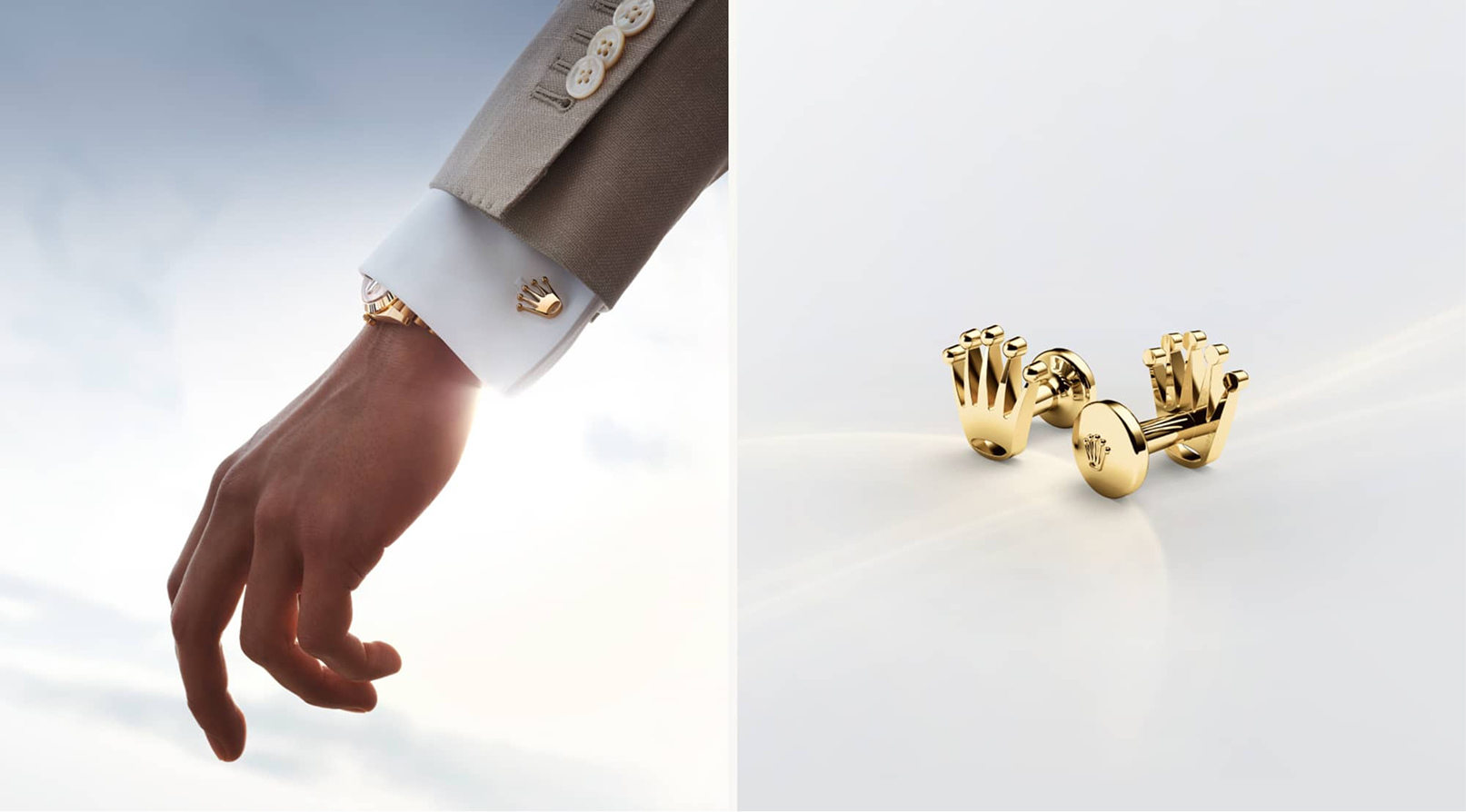 A person wearing yellow gold Crown cufflinks, with a close-up of the pair