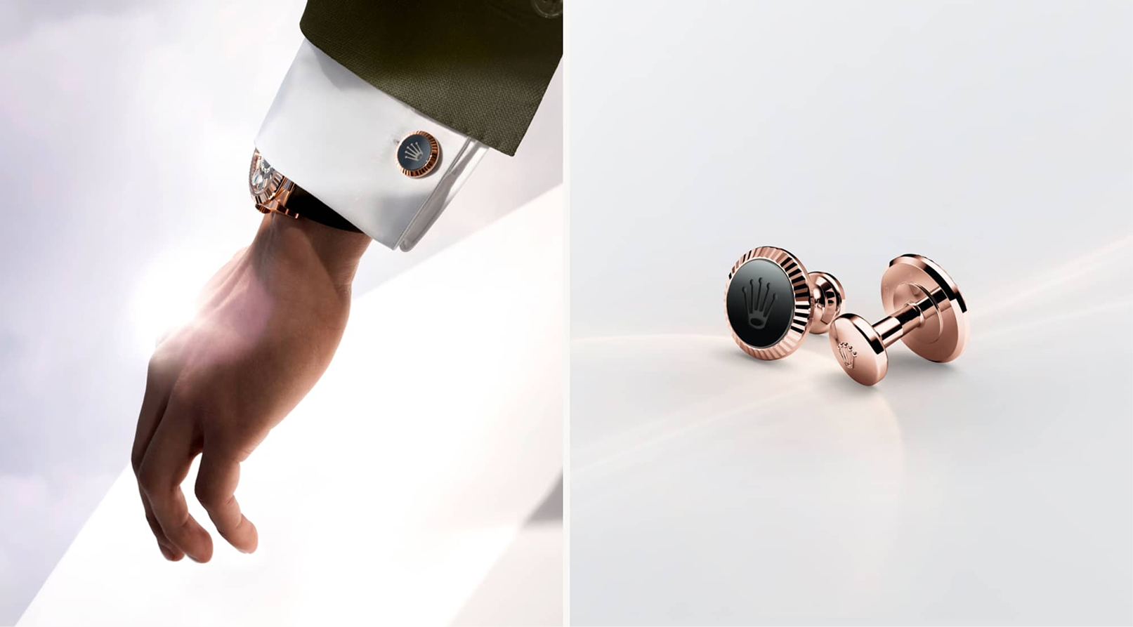 Everose gold Fluted cufflinks and a close-up at the wrist